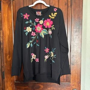 Johnny Was Black Sweatshirt with Floral Embroidery